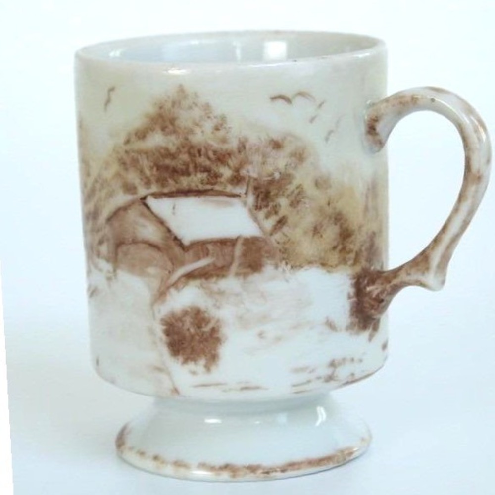 Sepia Transferware Footed Mug Porcelain Cabin Landscape Scene White Brown
